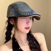 Women's Retro Washed Denim Duckbill Flat Cap with PU, Versatile Face Slimming Design, Spring-Autumn Backwards Beret.