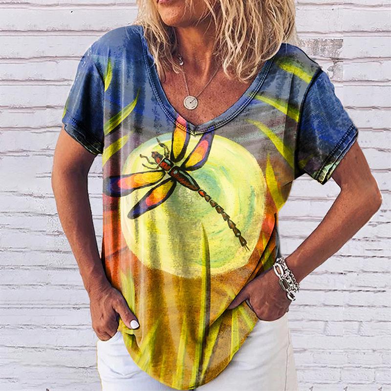 Women's Casual T-shirt Top New V-neck T-shirt Loose Short Sleeved 3D Digital Printed Cat Pattern T-shirt