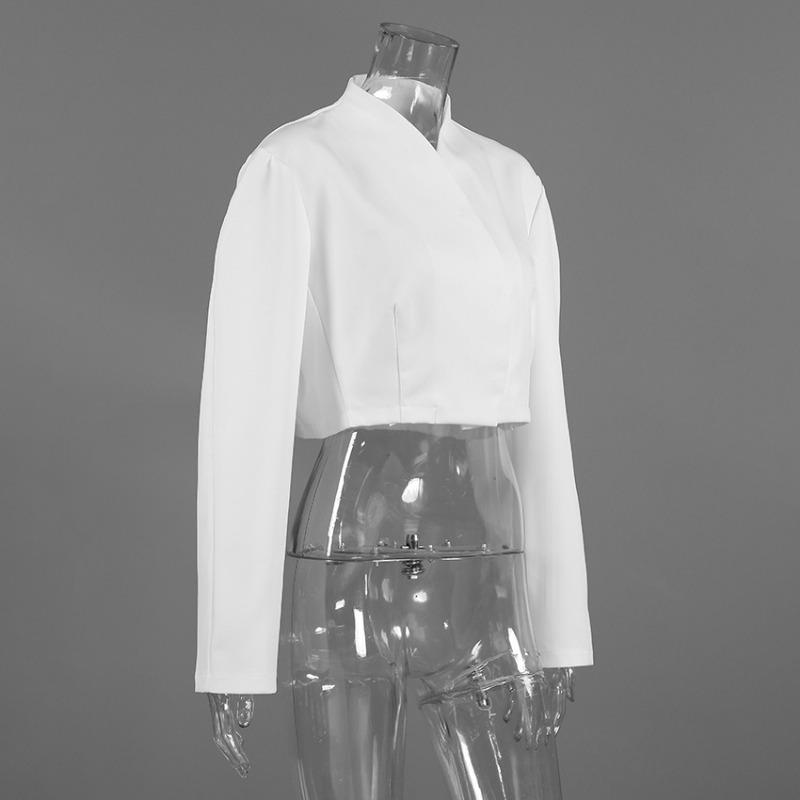 Women S White Cropped V Neck Long Sleeve Loose Elegant Jacket