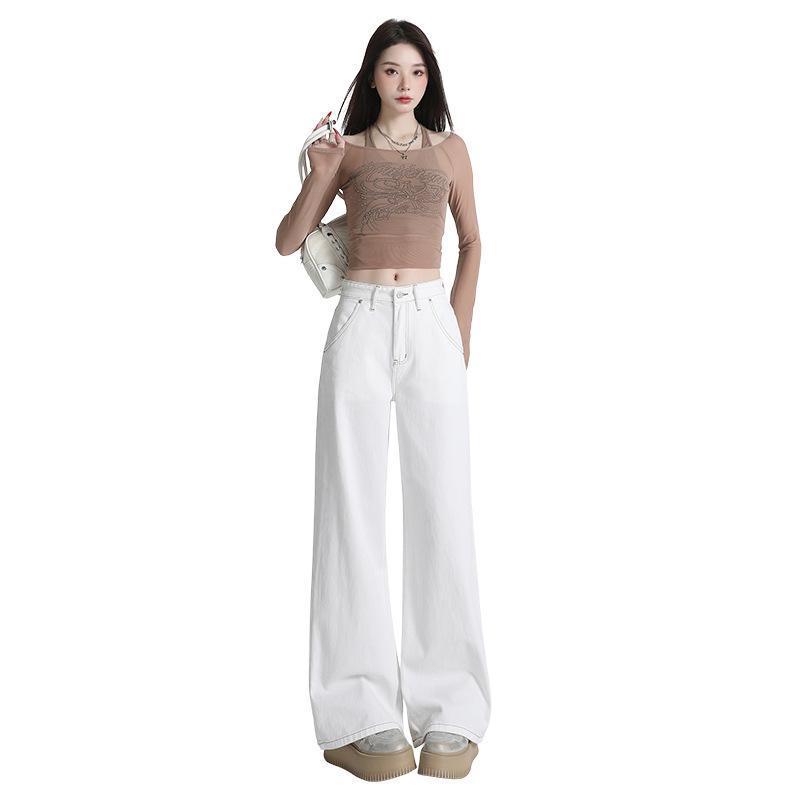 Women's White High-Waisted Wide-Leg Floor-Length Jeans - 2025 Autumn/Winter Loose Slimming Fit