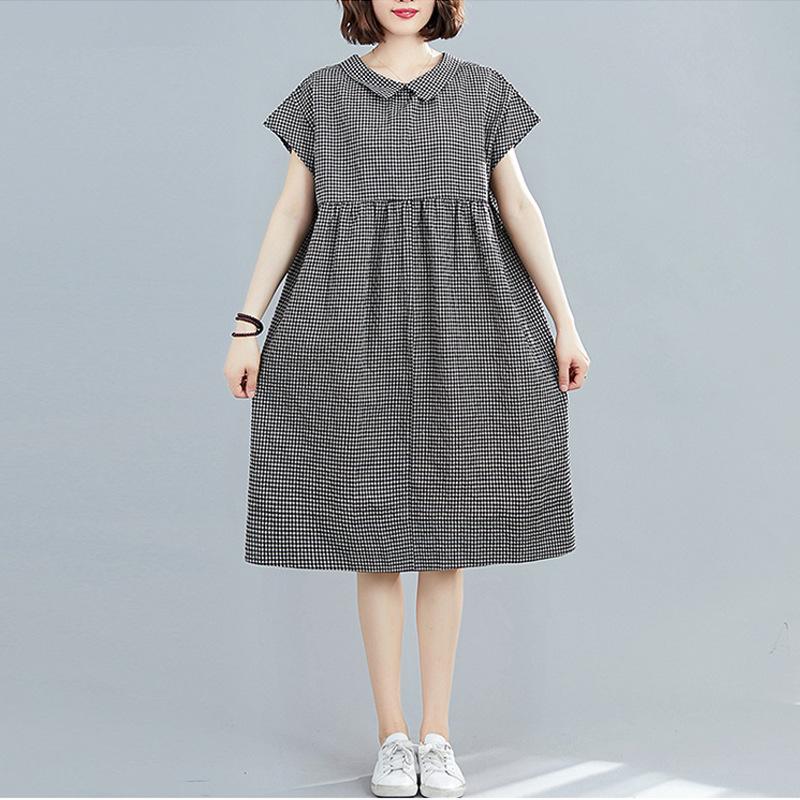 

Реальное фото лето новый литературный большой размер свободный лоскутный хлопок и лен клетчатое платье с коротким рукавом женская одежда средней длины XXL чёрный