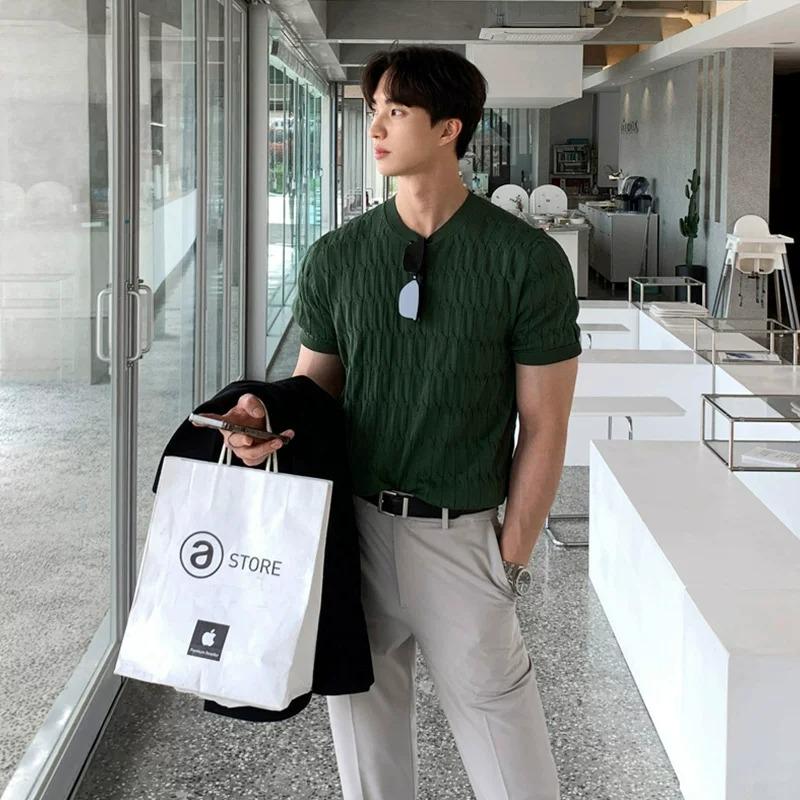 Men's Retro Loose-Fit Ice Silk Knit T-shirt - Short-Sleeve, Round Neck, Korean Style