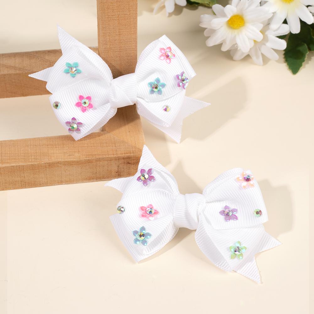 2Pcs Bow Hair Clip Rhinestone Flower Ribbon Solid Color Simple Barrette Baby Girl Kid School Play Party Accessories Hairpin Gift
