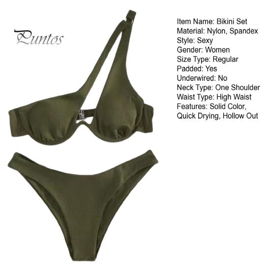 2Pcs/Set Women Sexy Bikini Set Solid Color One-shoulder Bra High Waist Briefs Set Quick Drying Swimsuit Beachwear
