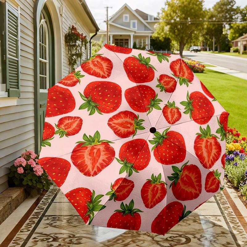 1pc strawberry pattern Automatic Folding Umbrella, Heavy Duty 8 Rib Iron Frame,  Suitable for Travel, Daily Use, Birthday, Decor Gift m0104005