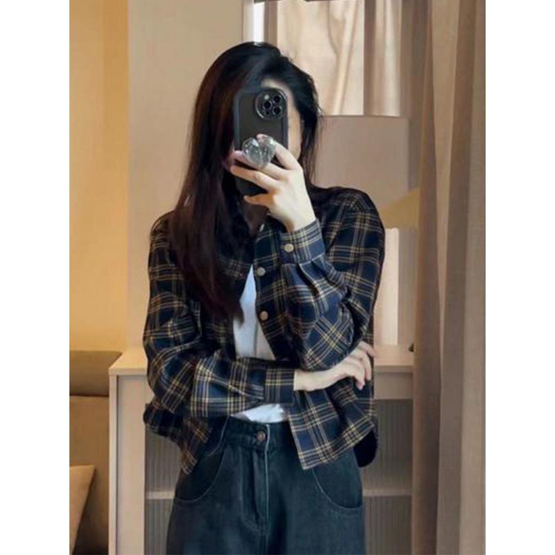 

Женская короткая куртка в клетку в стиле ретро с длинными рукавами — коллекция весна/осень 2024 г. Extra Large темно-синий