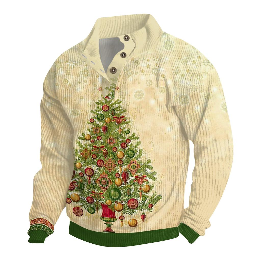 Men's Christmas Cotton Pullover Long Sleeve Outdoor Shirt Vintage Corduroy Button Stand Collar Shirt Casual Sweatshirt Christmas Print Top