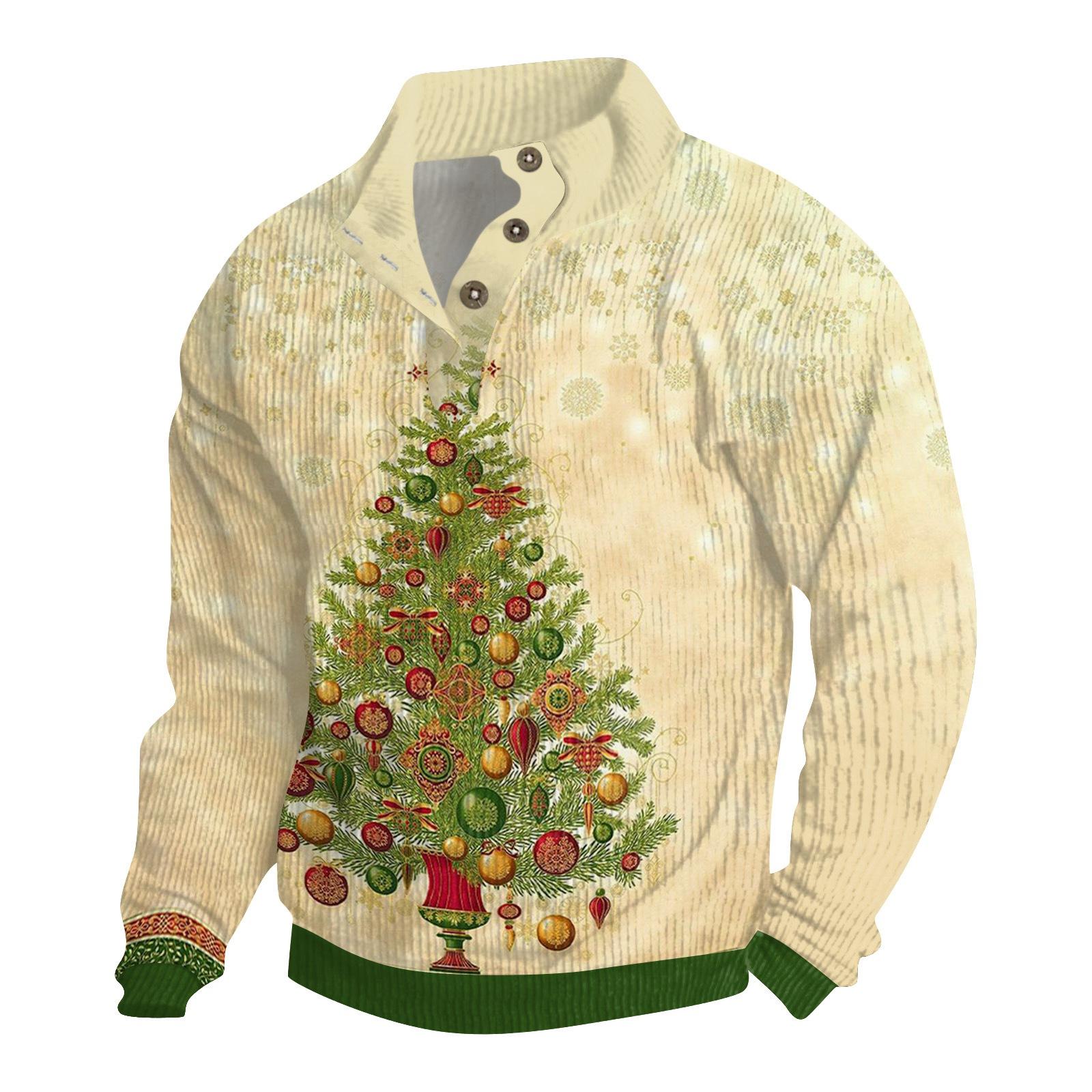 

Мужская рождественская хлопковая рубашка-пуловер с длинным рукавом для активного отдыха, винтажная вельветовая рубашка с воротником-стойкой и пуговицами, повседневная толстовка с рождественским принтом L