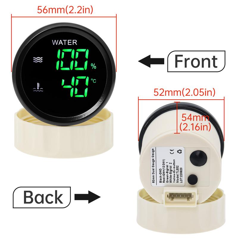 Digitales 2-in-1 Doppel-52mm Messgerät mit Alarm 0-190 OHM Wasserstandssensor für Wasserstandsanzeige + Wassertemperaturanzeige Auto Auto 12V24V benutzerdefiniert