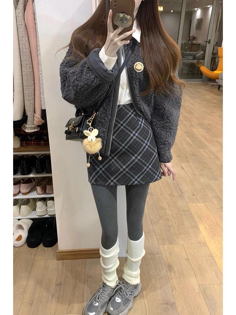 Retro Plaid Gray Wool Blend High-Waisted Petite A-Line Skirt for Women - Spring/Autumn M