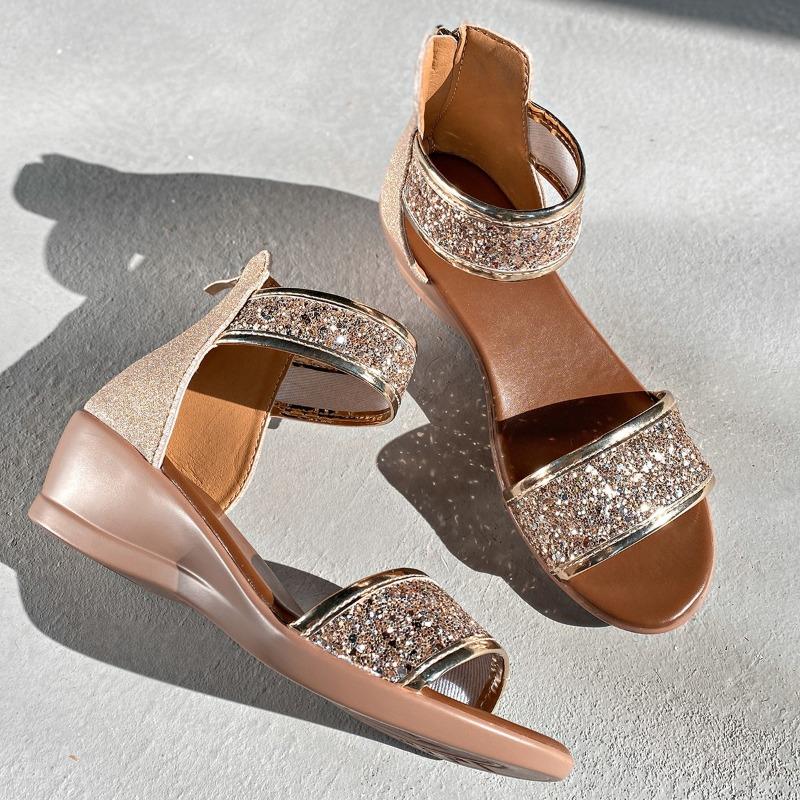 Fashion Women's Bag Heel Sandals Summer New Round Head Open Toe Glitter Back Zipper Soft Sole Anti-slip Wear-resistant Slope Heel Shoes