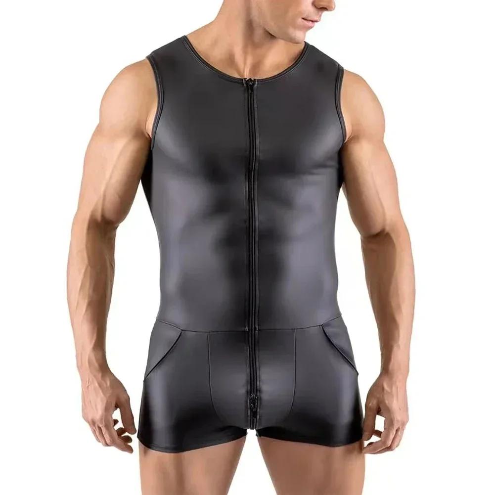 Hot Sexy Men Faux Leather Bodysuit Nightclub Costumes Tight Pouch Leotard Sleeveless Zip-up Open Crotch Jumpsuit Erotic Lingerie
