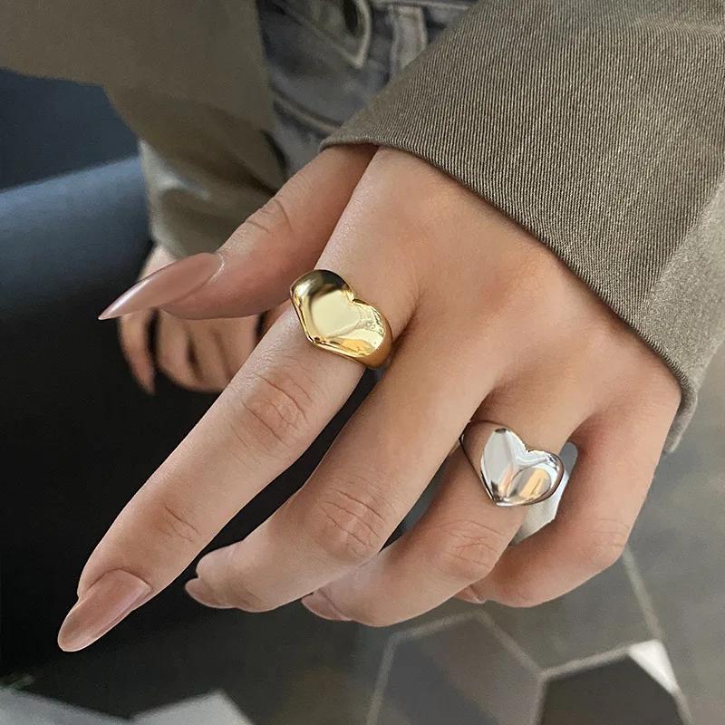 Stainless Steel Simple Smooth Metal Heart Rings For Women Men Y2K Trendy Open Ring Korean Elegant Party Jewelry Couple Gifts