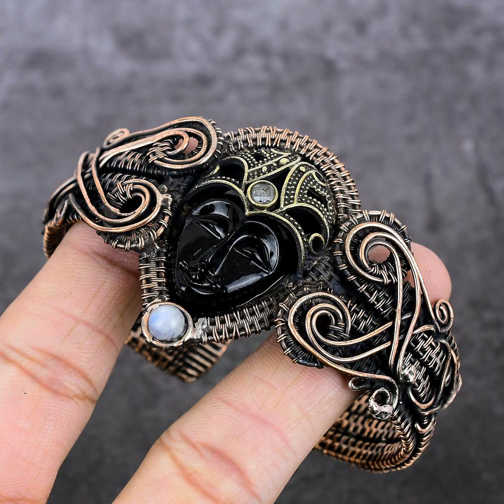 Cameo, Moonstone Handmade Copper Wire Wrap Cuff Bangle Adjustable M3u46