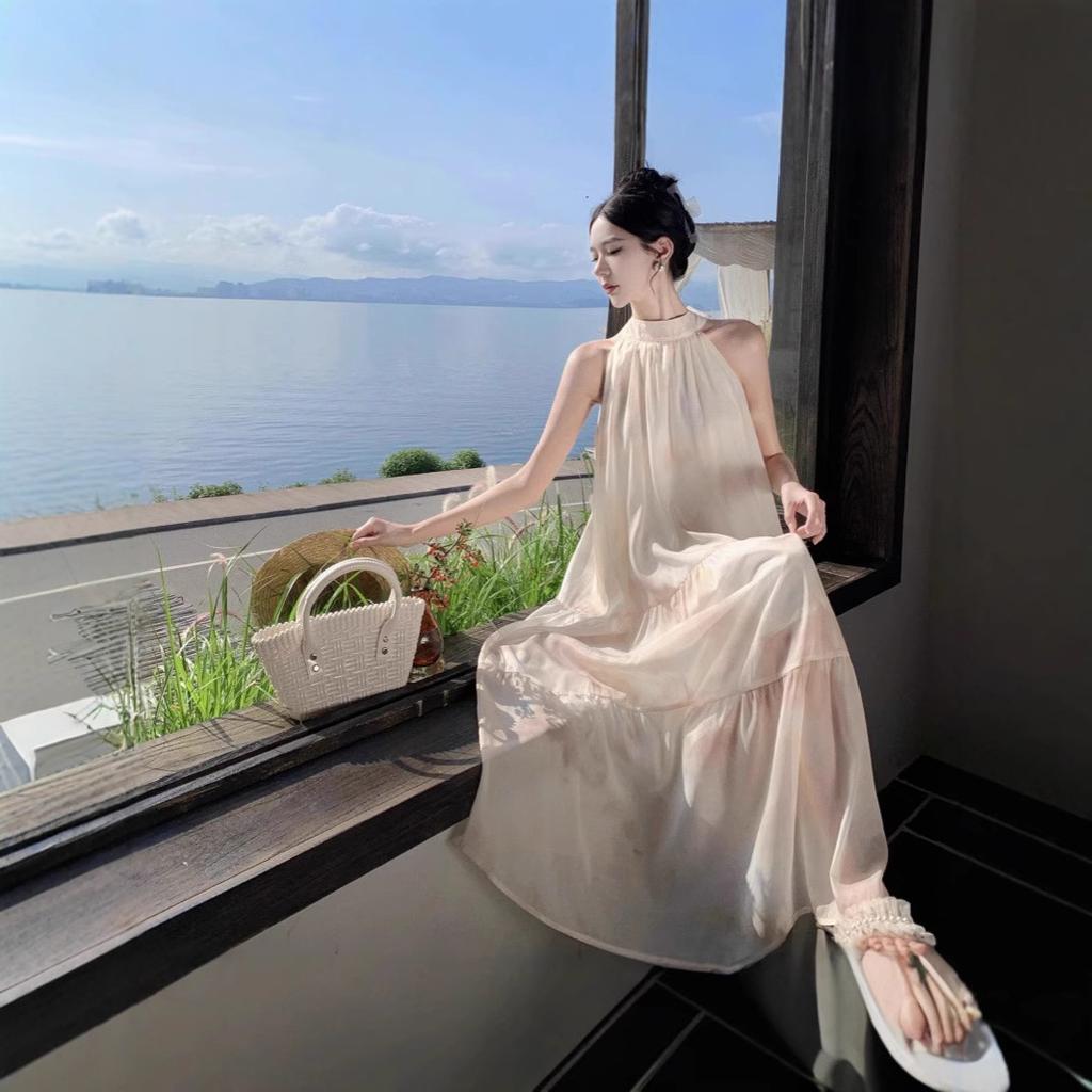 European and American dinner party, bow smudge neck dress, sleeveless fairy dress, seaside vacation dress