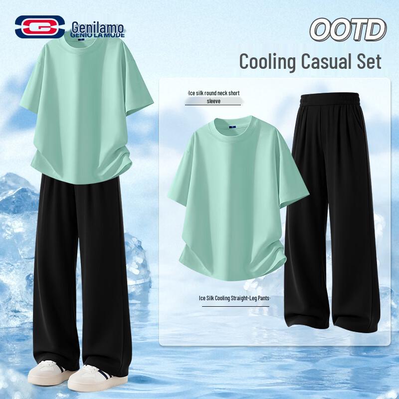 

GENIOLAMODE Men s Casual Ice Silk T-shirt & Pants Set XL