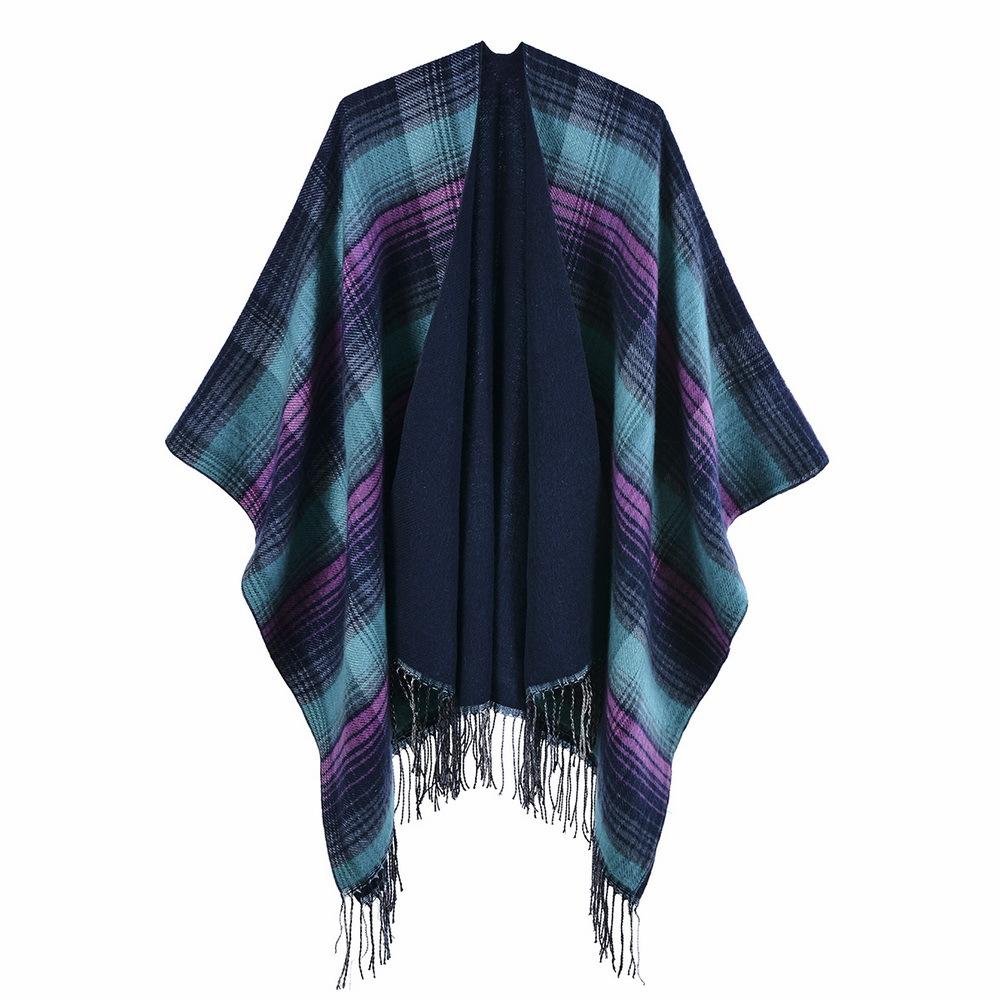 Scottish Classic Plaid Tassel Thick Warm Split Shawl Cape