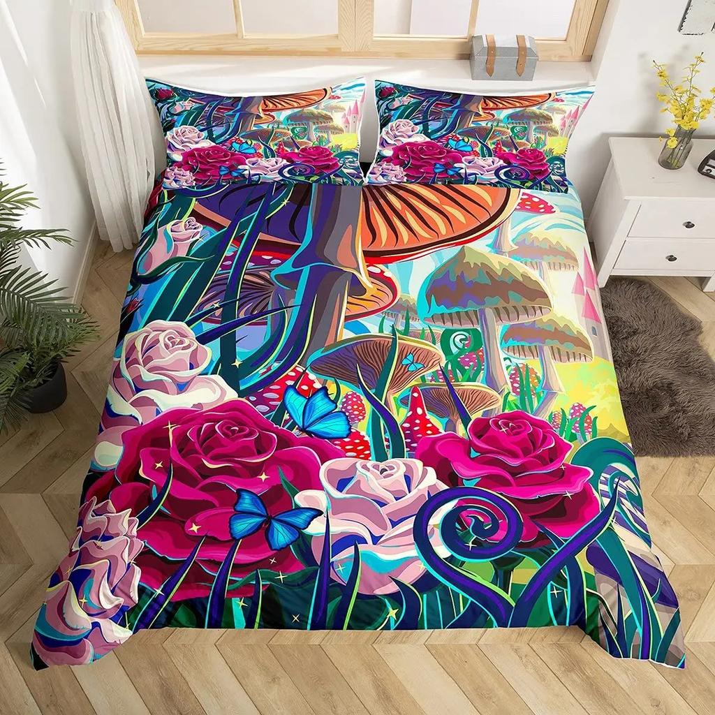 Mushroom Duvet Cover Set Cartoon Castle Bedding Set Microfiber Fungus Botanical Floral Comforter Cover Twin King For Boys Girls