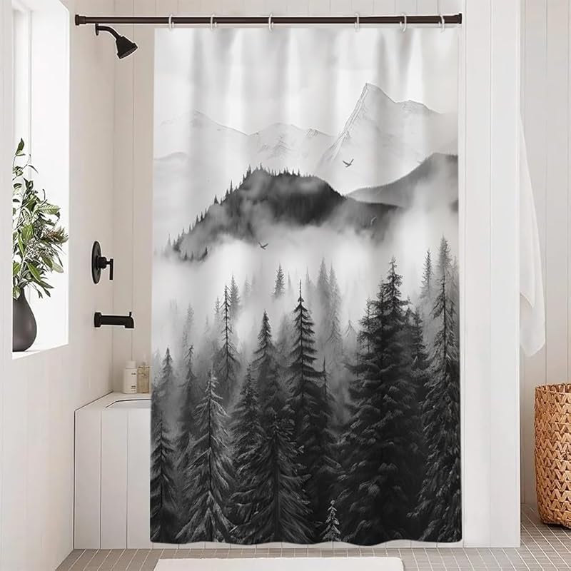 Mountain Shower Curtain, Navy Blue Misty Forest Shower Curtain Set Waterproof Nature Scenery Bathroom Decor with Hooks, 72x72 Inch