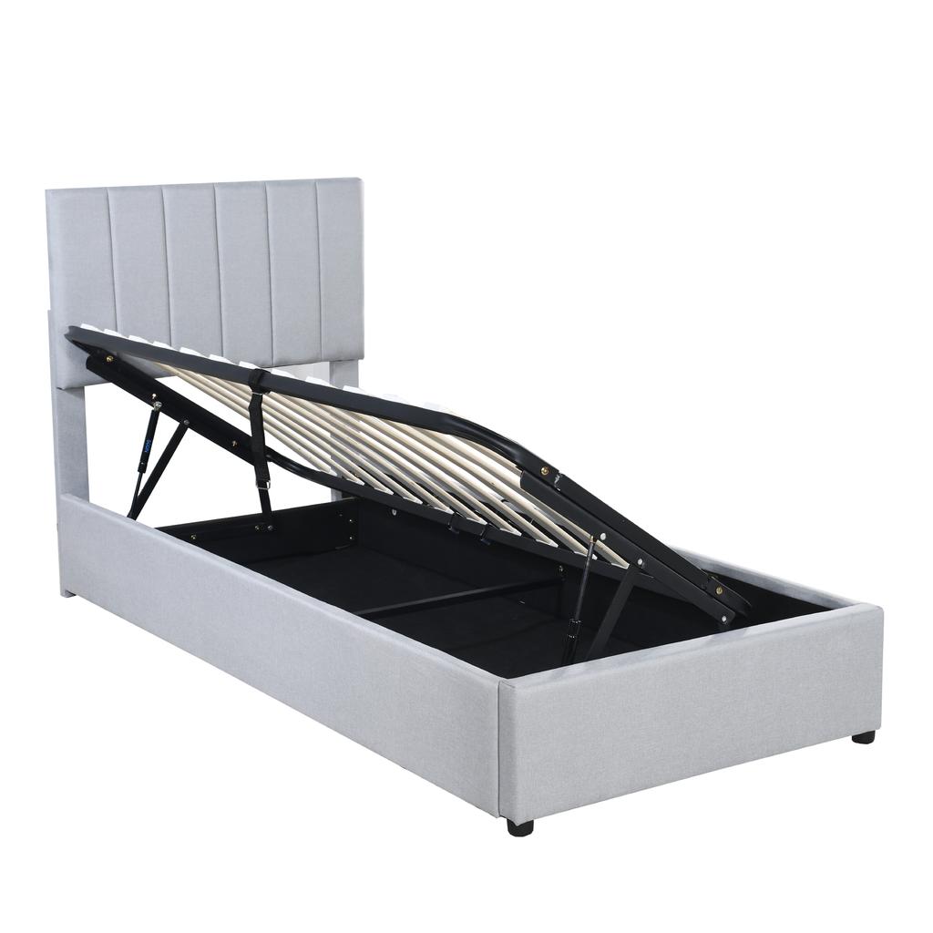 Children's Upholstered Bed 90x200 Cm, Hydraulic Storage Bed, Skin-friendly Linen High Box Bed, Grey