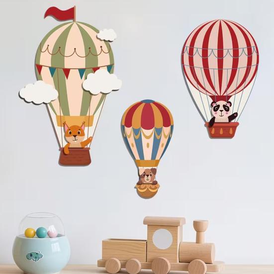 3 Pcs Hot Air Balloon Wall Decor Boho Wooden Nursery Wall Art Cartoon Animals Hot Air Balloon Wall Sculpture for Kids Bedroom Baby Shower Decoration