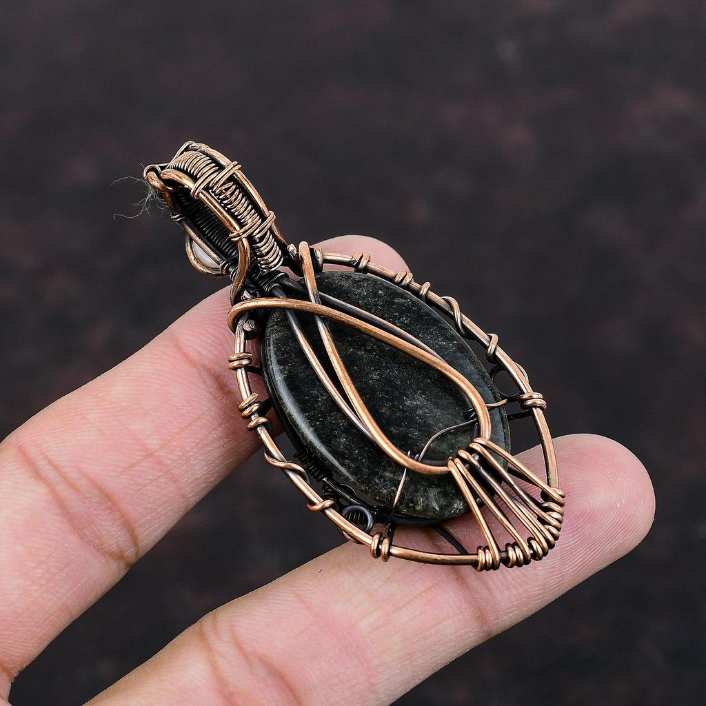Evil Eye Silver Sheen Obsidian Pendant Rainbow Moonstone Pendant Copper Wire Wrapped Pendant Gemstone Jewelry Handmade Pendant Gift For Him