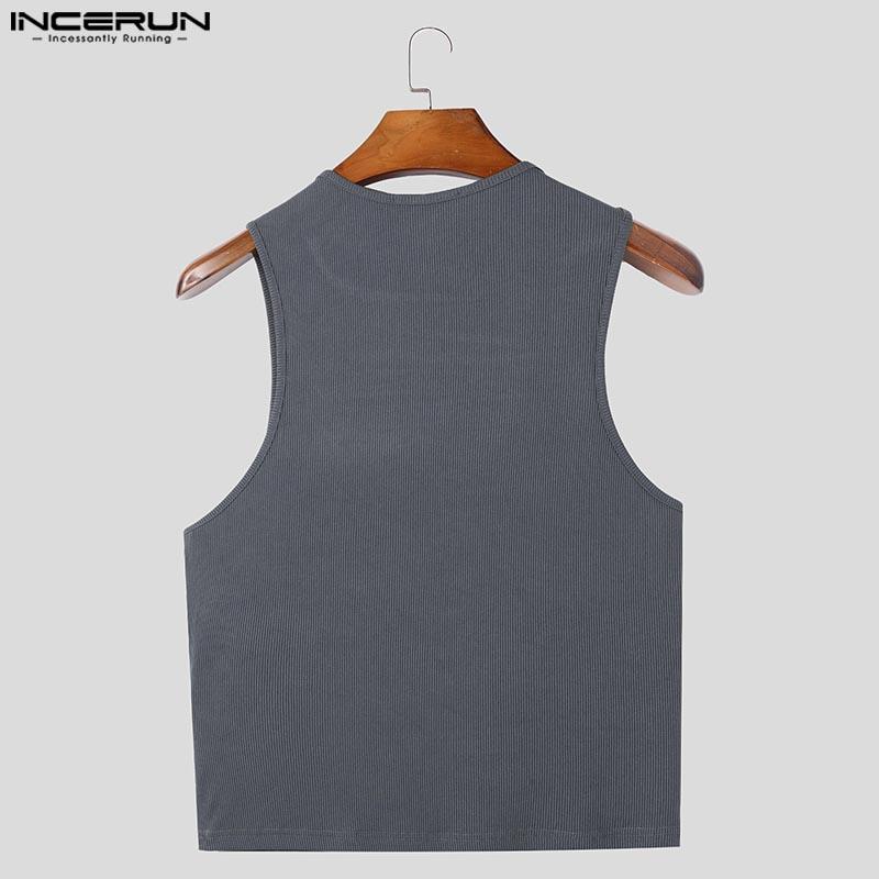INCERUN Pánské letní bez rukávů s nepravidelnými výřezy, strečové žebrované krátké tílka