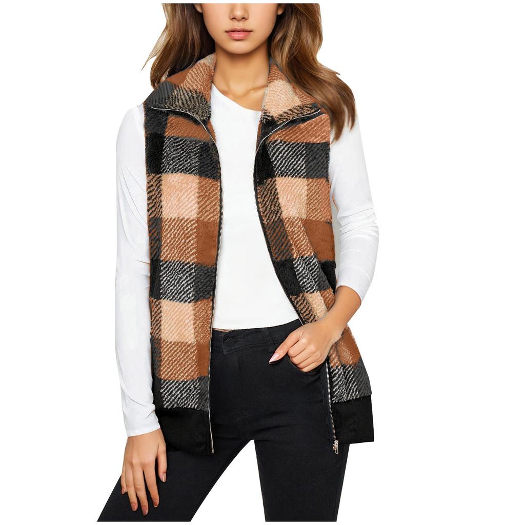 Women's Zipper Plaid Vest Sleeveless Lapel Front Cardigan Wool Sweater Autumn Fashion Plush Jacket Coat
