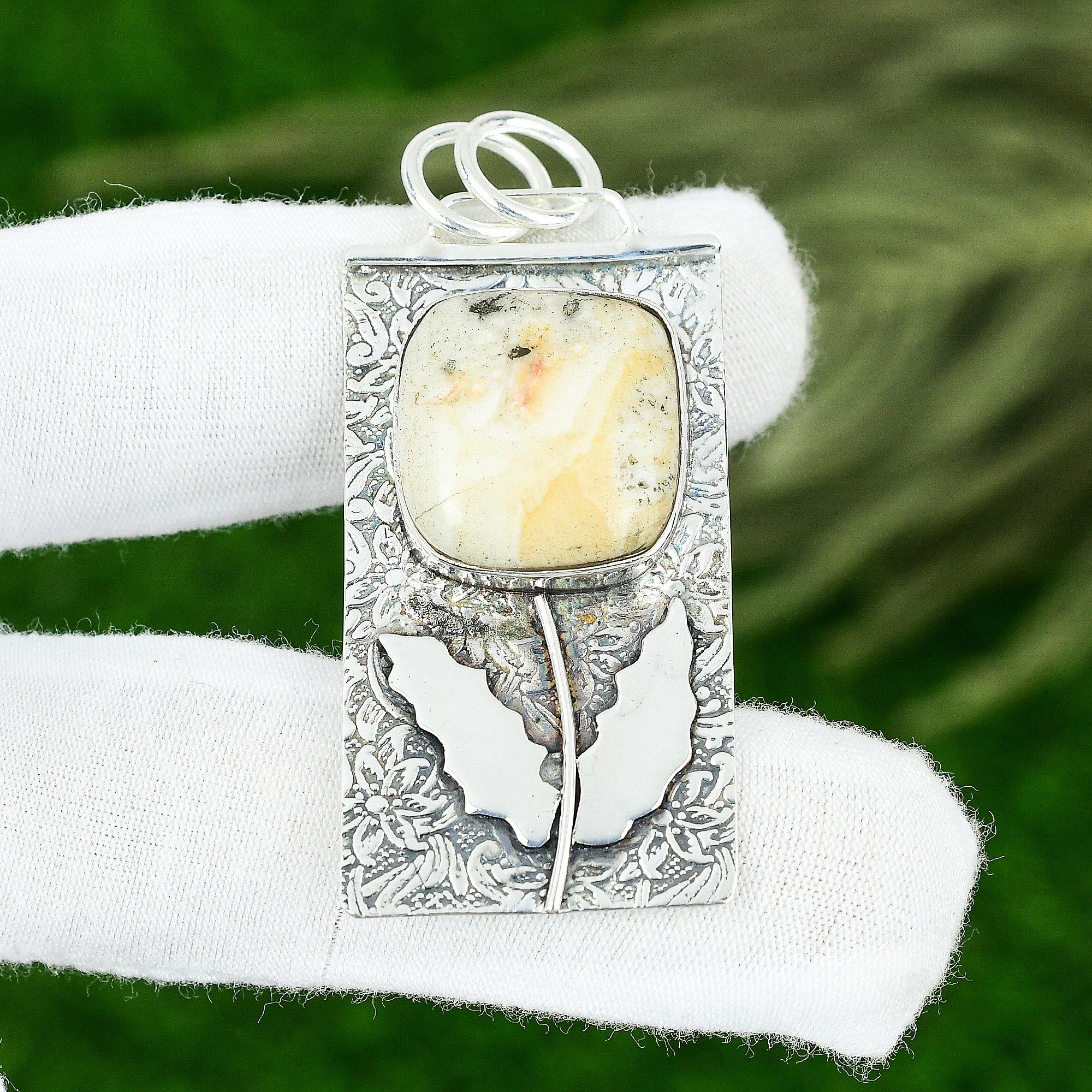 Friendship Day Sale 925 Sterling Silver Cushion Yellow Lace Agate Stone Pendant