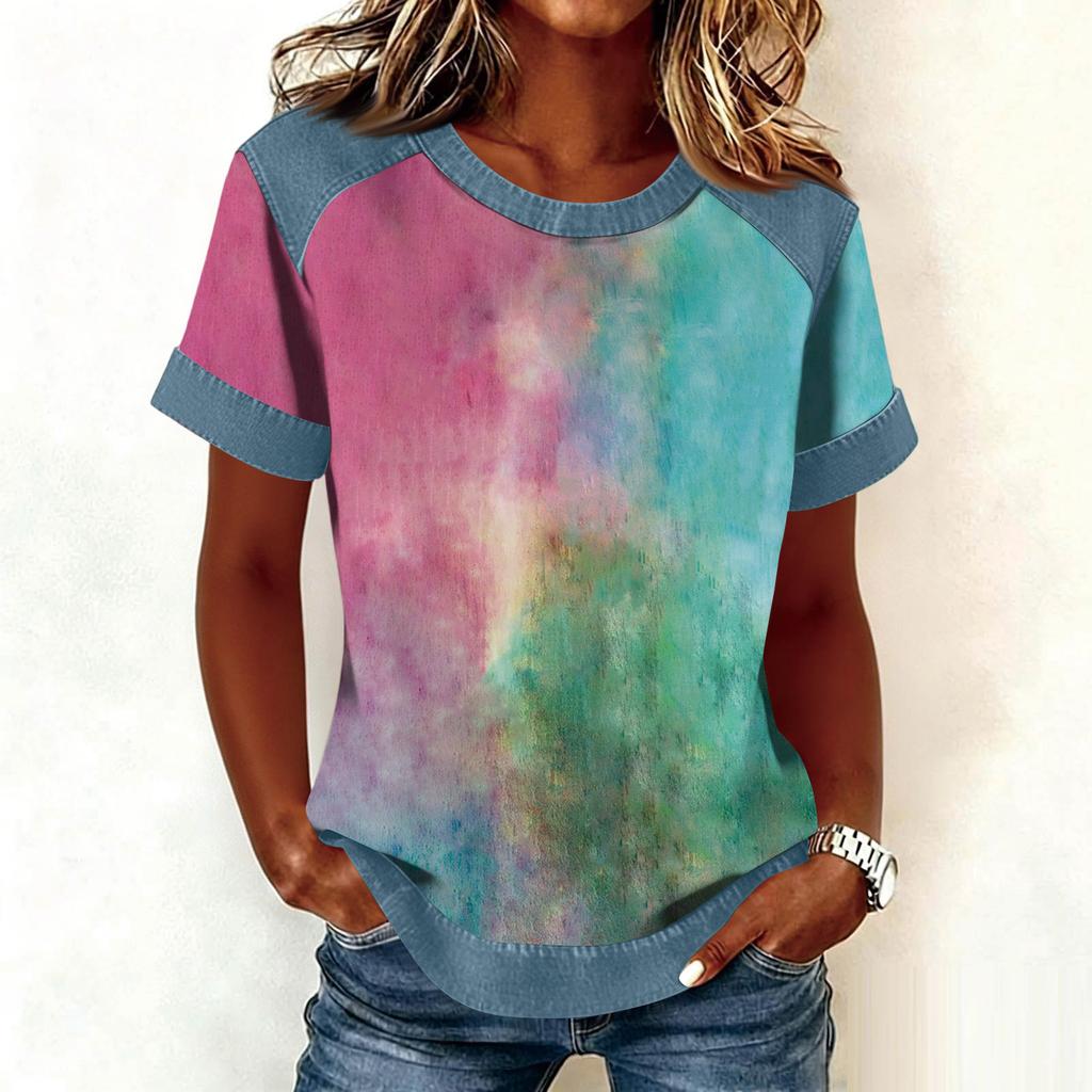 Women Denim Collar Patchwork Stitching Sweatshirt Casual  Printed Pullover Short Sleeve Shirts