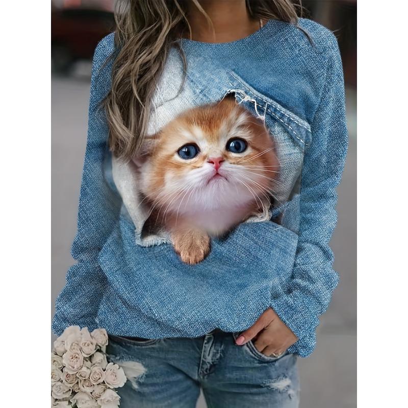 Women's Cute Cat Pattern Printed Women's Casual Long Sleeve Round Neck