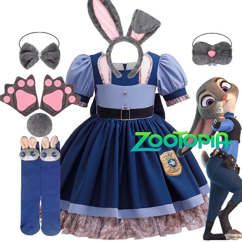 Girl Cosplay Judy Hopps Police Officer Dress Zootopia Bunny Costume Kids Dress Up Halloween Rabbit Dress Outfits