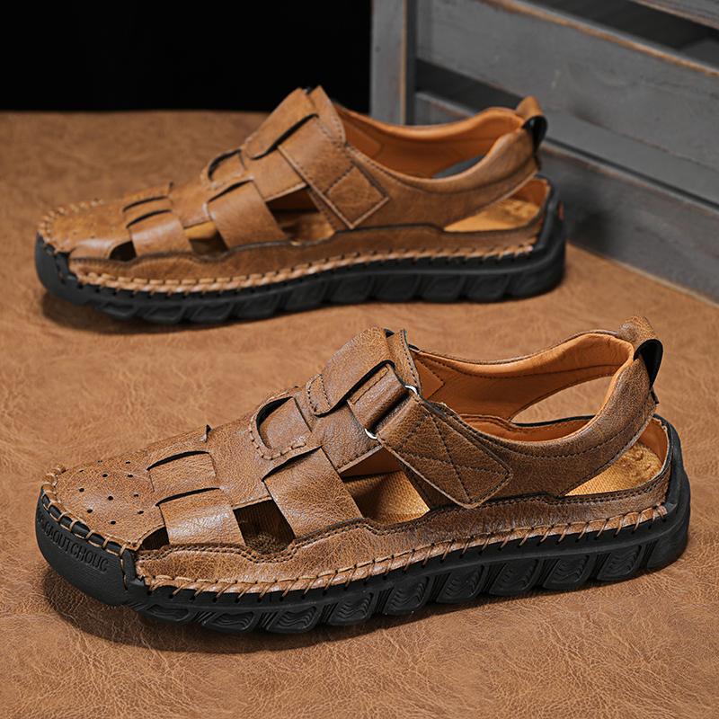 2024 Classic Brand Trend Brown Men's Sandals Handmade Soles Durable Men's Camping Beach Shoes Anti Slip Hollow Casual Shoes