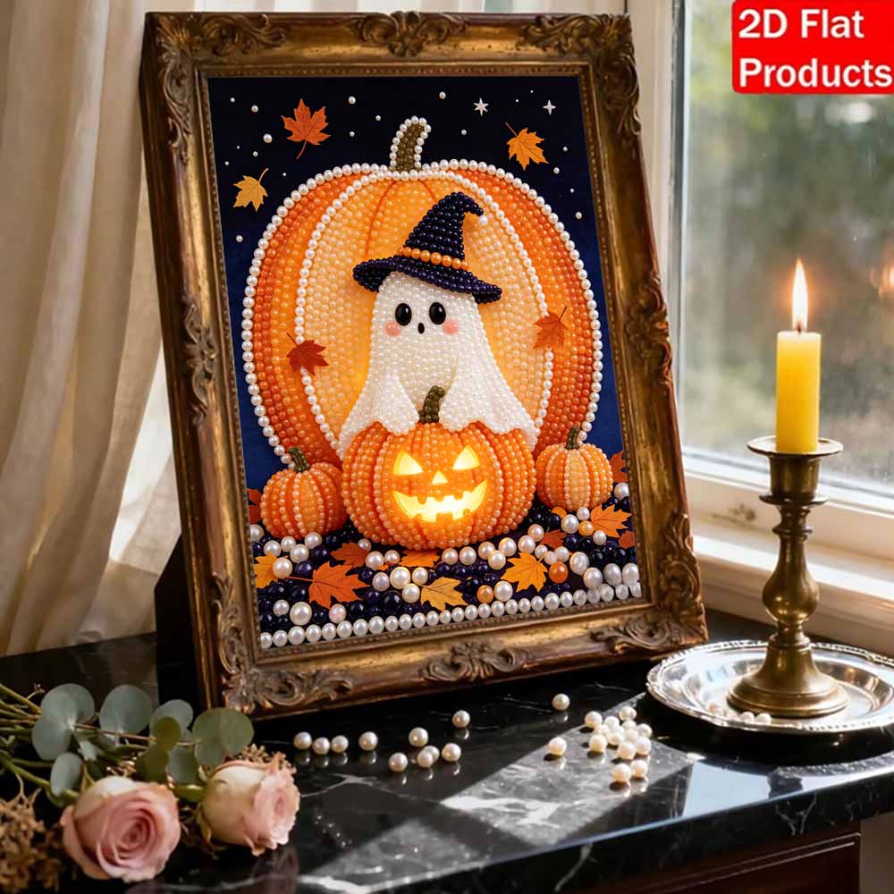 DIY Frameless Pearl Painting Kit Cute Ghost Pumpkin Pattern 3D Shiny Bead Art Canvas Relaxing Creative Craft Gift Holiday Decor