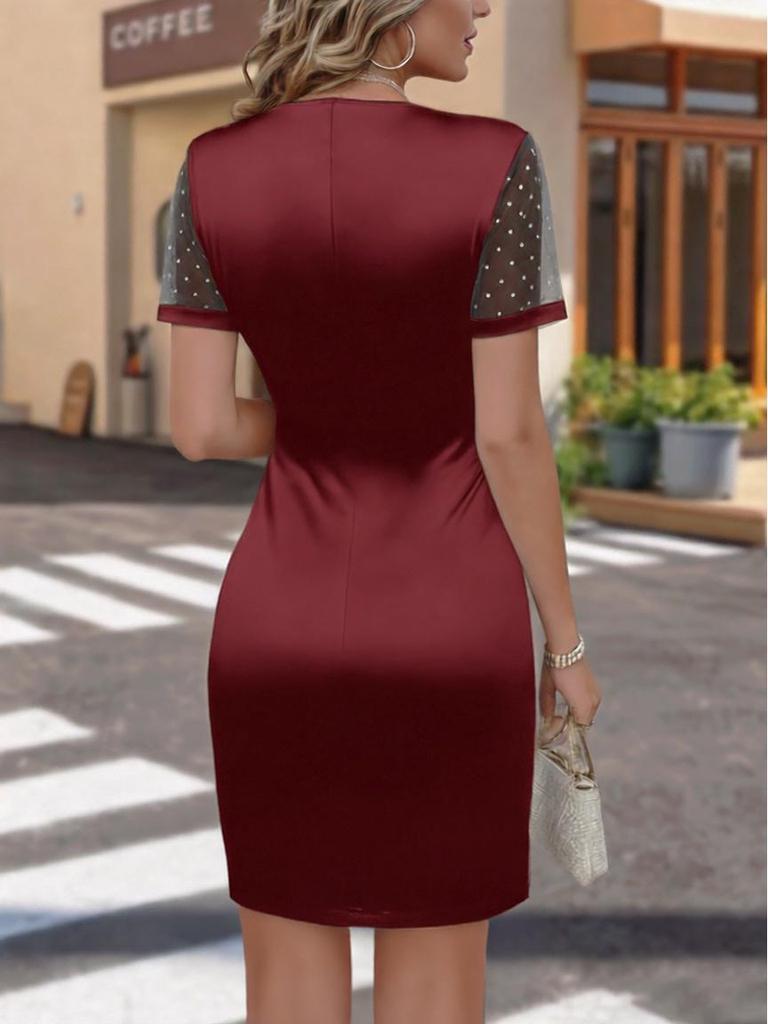 Robe de soirée en maille floquée à col en V pour femme: Robe Élégante à Manches Courtes et Taille Haute pour Boîte de Nuit et Banquet