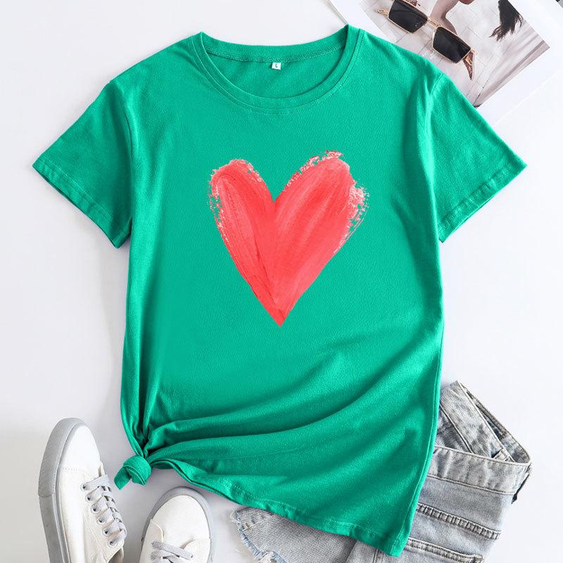 Summer women's plus size heart-shaped printed pure cotton loose round neck short sleeved T-shirts Women's