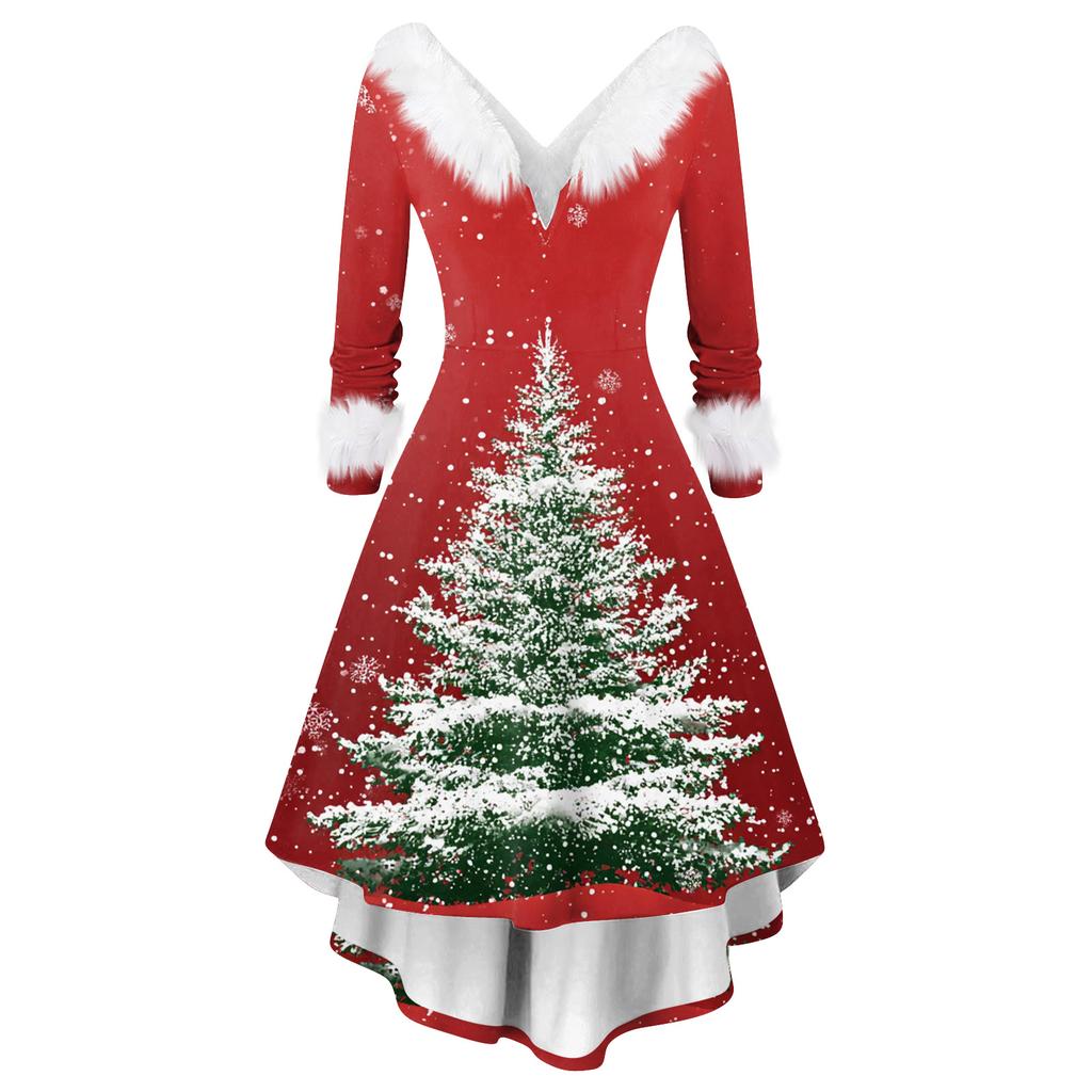 Women's Fashion Casual V-Neck Christmas Print Long Sleeve Dress