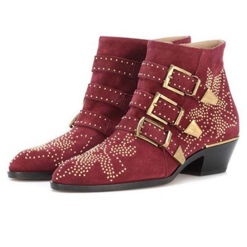 Fashion Brand Catwalk Rivet Cow Leather Short Boots Autumn Winter Retro Large35-45 Ankle Boots4cm Thick Heel Rock Night Club Women Shoes