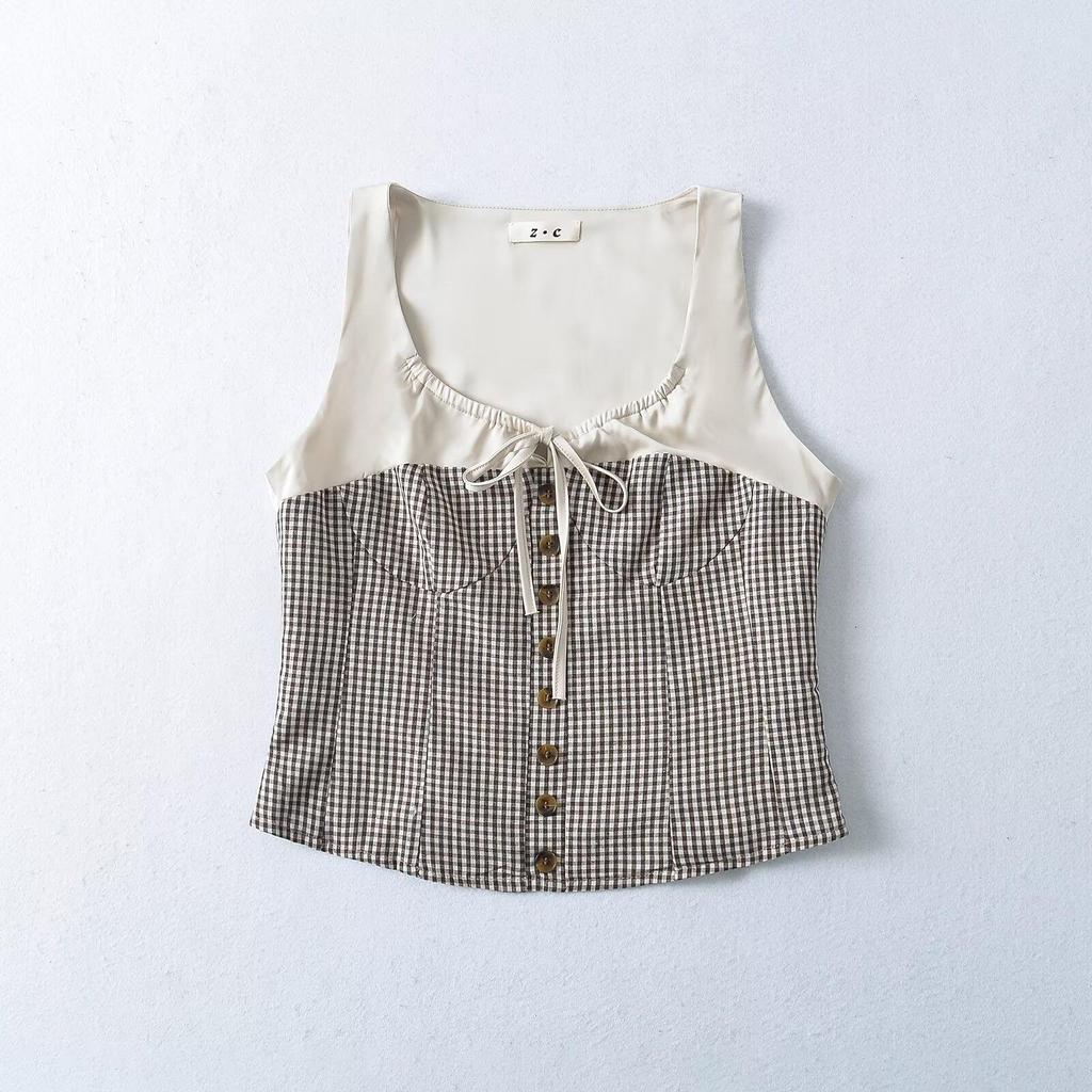 2024 Autumn Women's European & American Sleeveless Spliced Button Vest Top