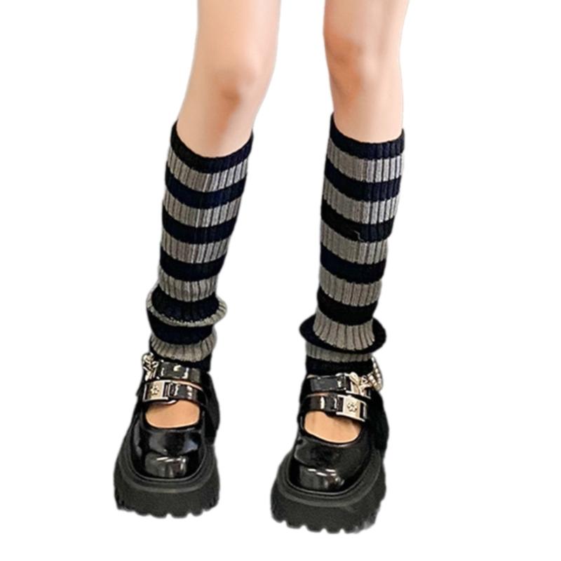 Contrast Color Striped Leg Warmers for Women Girls Ribbed Knitted Boot Covers Over Calf Socks for Dance Parties Hosiery