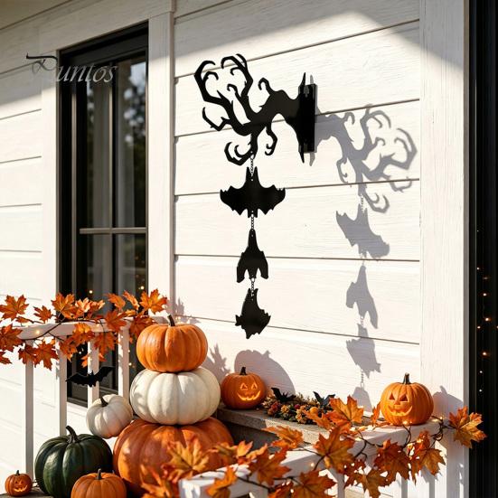 Festive Entrance Hanging Bell Halloween Wall Decor, Matte Black Dead Branch Bat Silhouette Ornament Courtyard Decoration with Metal Bell, Easy Install