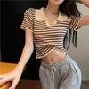 Sommer Frauen Gestrickte Polos kurzarm Hohe Taille Dünne T-shirt Eis Seide Polo Kragen Gestreiften T-shirts Schwarz Blau farbe