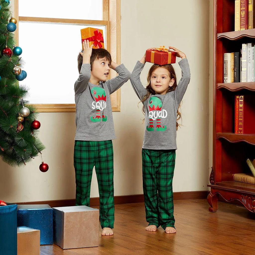 European/American Christmas Family Matching Pajamas Set - Holiday Plaid & Letter Print Long Sleeve Homewear