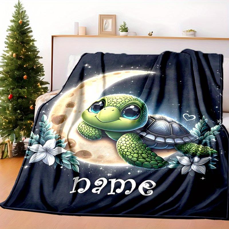 Customizable Turtle & Moon Design Flannel Blanket - Personalized Name, All-Season Thick Knit, Machine Washable, Travel & Outdoor