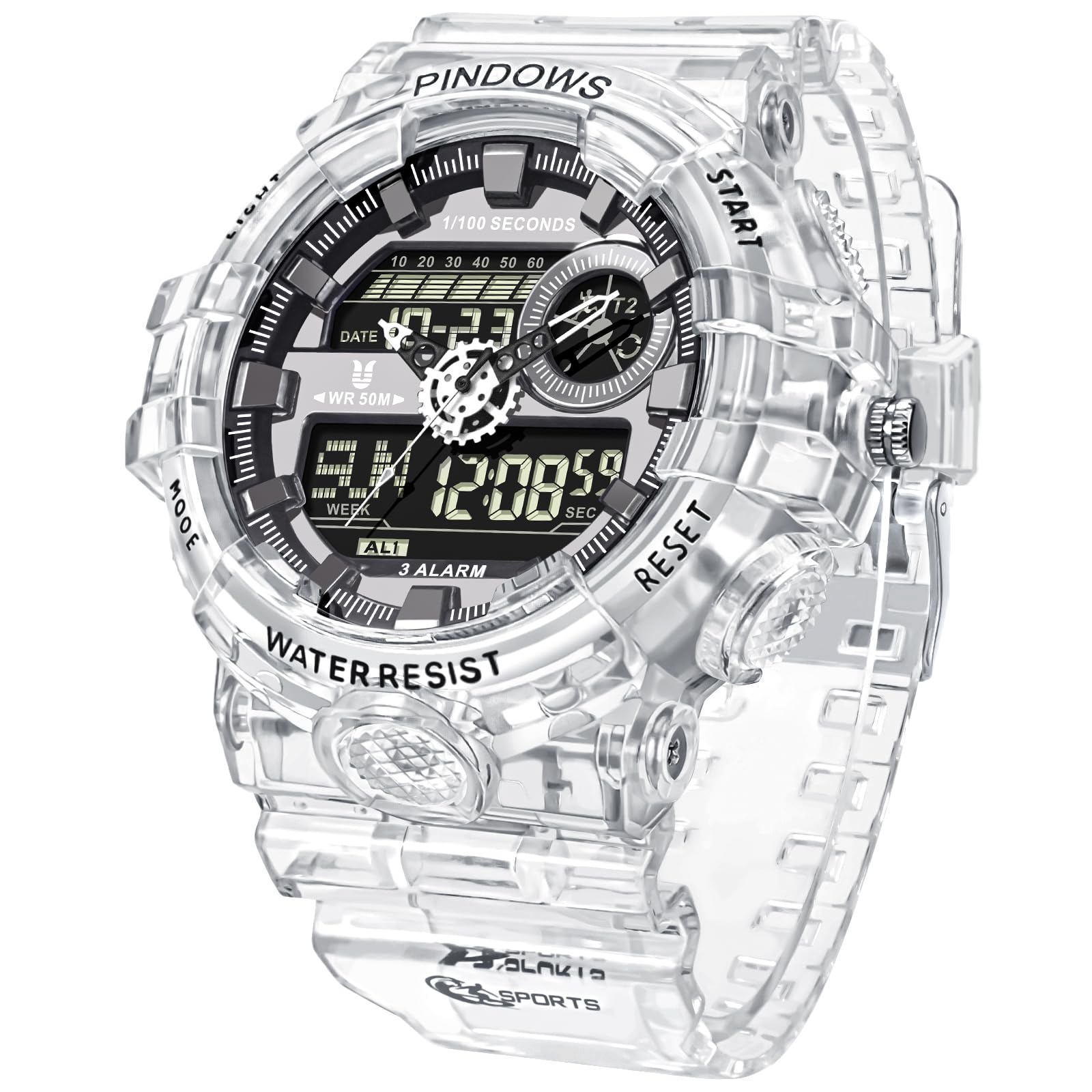

PINDOWS Men s Watch, Transparent Gold Analog-Digital Dual Time, 50m Water Resistant, LED Backlight, Multi-Function Alarm and Stopwatch, Perfect for Sp