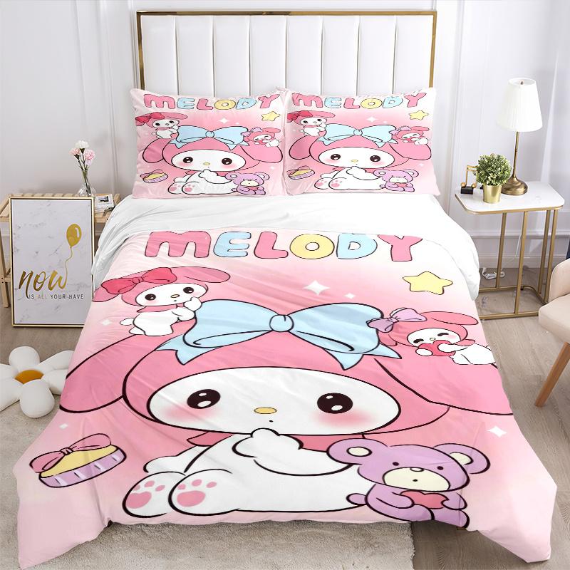 3pcs Pink Cute My Melody Sanrio Printed Bedding Set, Soft and Comfortable Quilt Cover for Bedroom, Guest Room (1 Duvet Cover + 2 Pillowcases