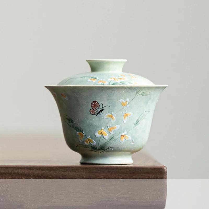 Hand Painted Butterfly Gaiwan Set For Tea Porcelain Chinese Green Tureen Teaware  Tea Bowl Kung Fu