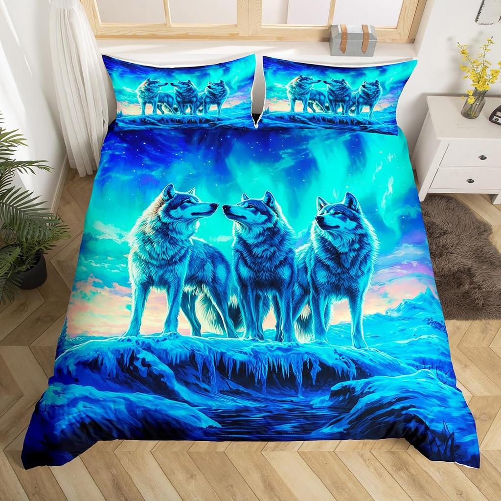 Cute Animal Duvet Cover Set Twin Queen Rabbit Fox Rustic Bedding Set, Starry Sky Galaxy Northern Lights Dreamy Comforter Cover