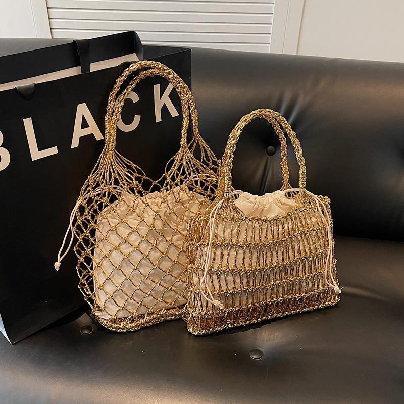 2025 summer new gold and silver thread bracelet hook hollow woven bag fashion trend vacation beach portable shoulder bag