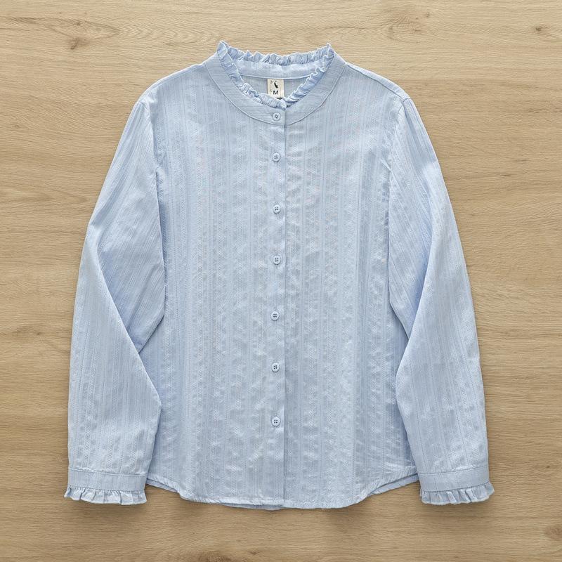 Spring Autumn Women White Shirts Embroidery Blue Blouses Long Sleeve Casual Lady Tops Stand Collar Loose Female Clothes
